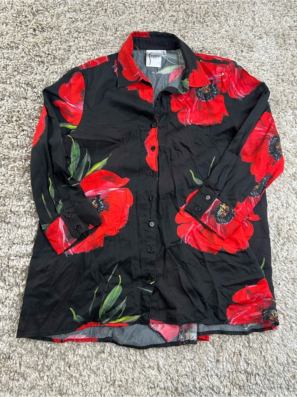 Finley Black Button-Front Blouse with Red Floral Print 3/4 sleeve
